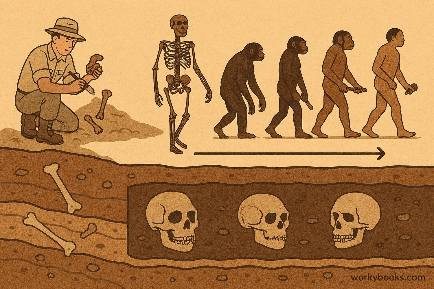 Human evolution from fossils: Lucy, hominids, tools, brain growth, and paleoanthropologist digging.