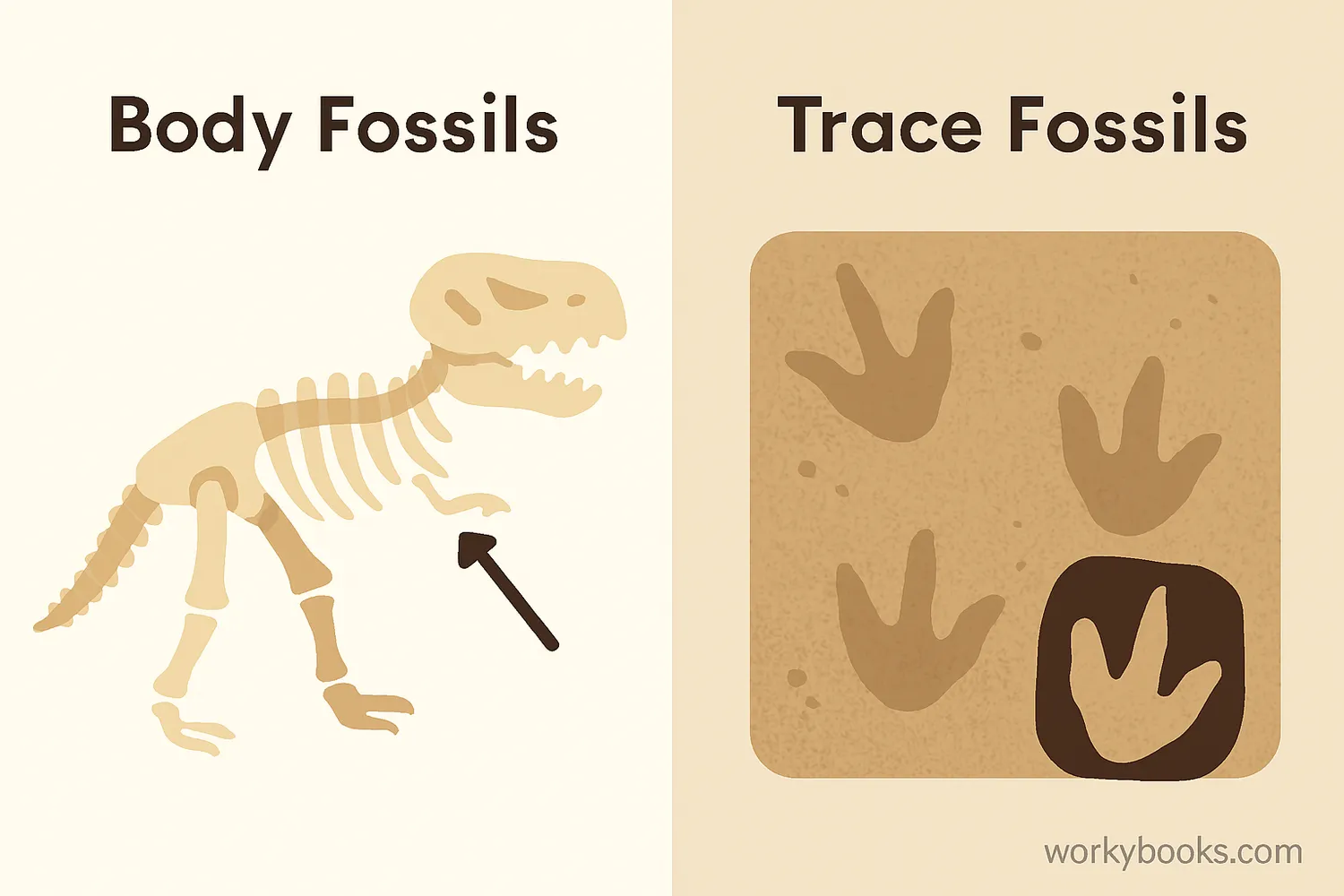 Illustration showing different types of fossils including body fossils, trace fossils, and mold and cast fossils