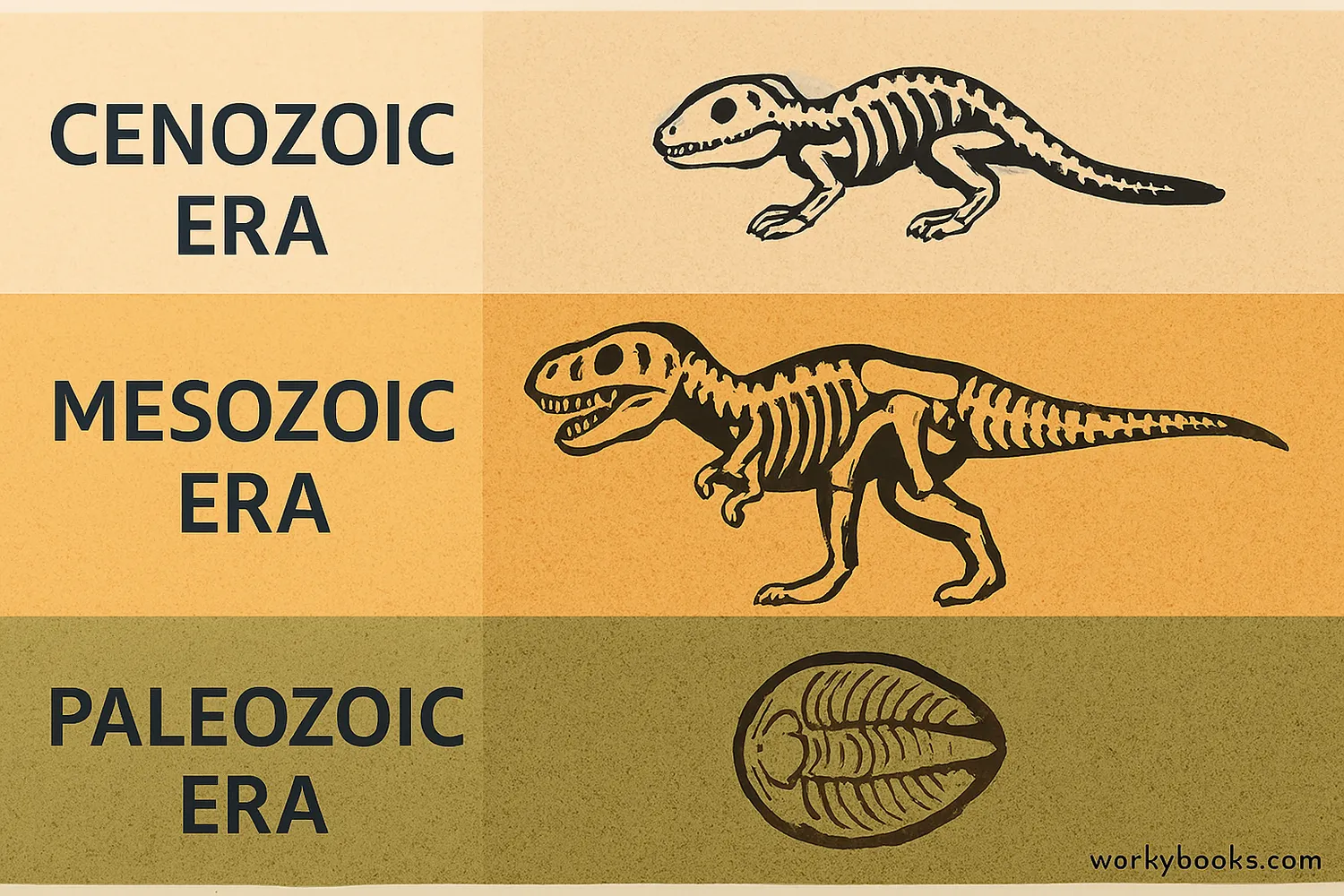 Illustration of the geological time scale showing different eras and representative fossils from each period