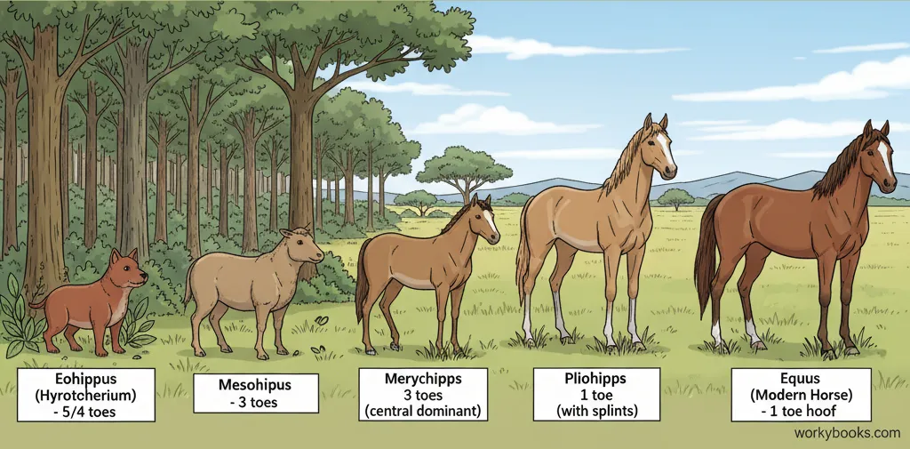 Diagram showing transitional fossils that demonstrate evolution from ancient to modern species