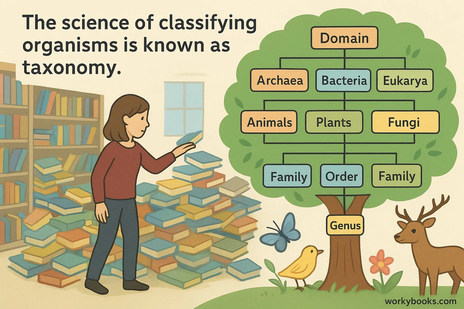 Illustration showing taxonomy levels with a tree and organisms.