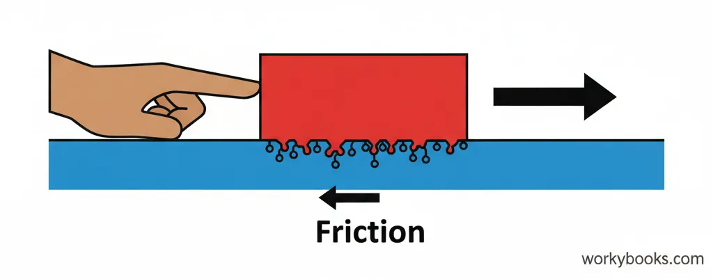 Two surfaces with microscopic bumps interacting to create friction