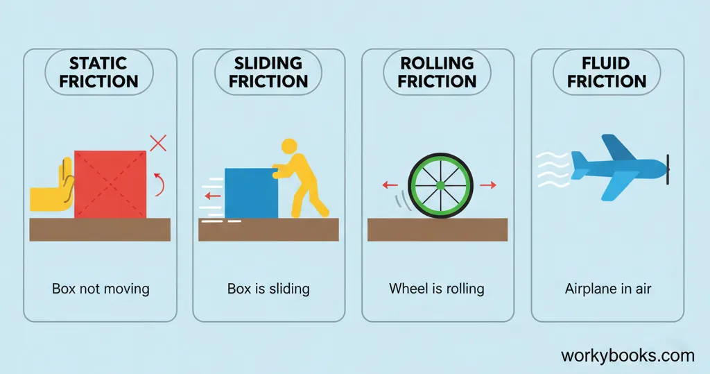 Diagram showing different types of friction: static, sliding, rolling, and fluid
