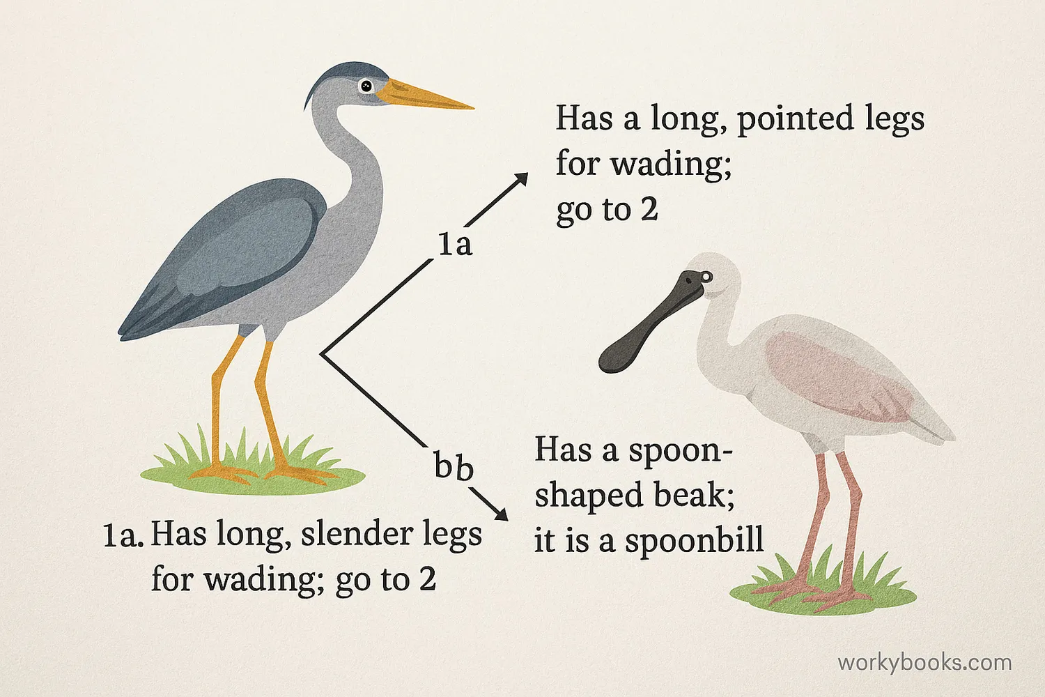 Wide diagram showing birds identified using a dichotomous key with branching questions.