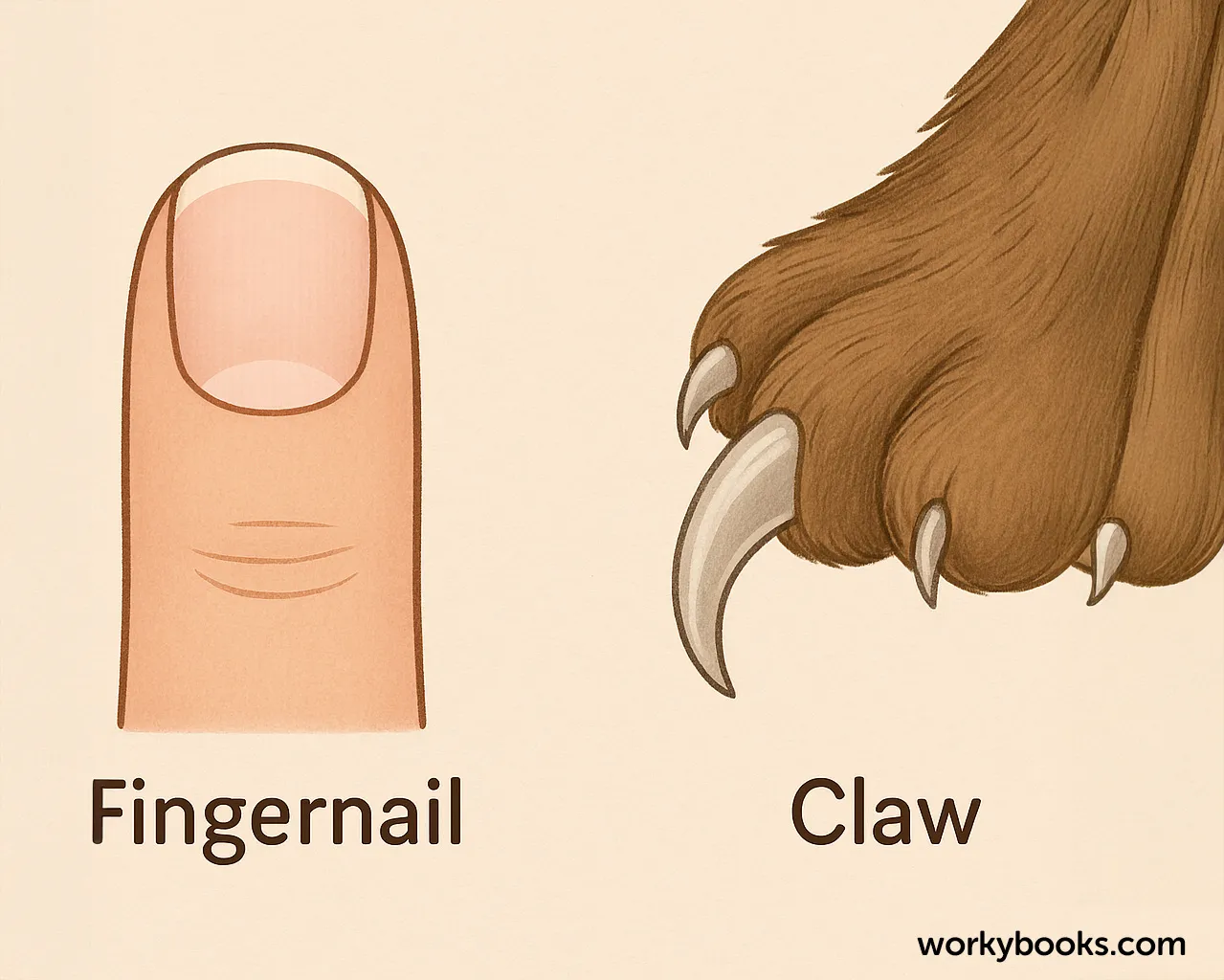 Human nail and animal claw comparison showing structure and function differences. Image caption: Fingernails and claws serve different purposes, shaped by evolution and environment.