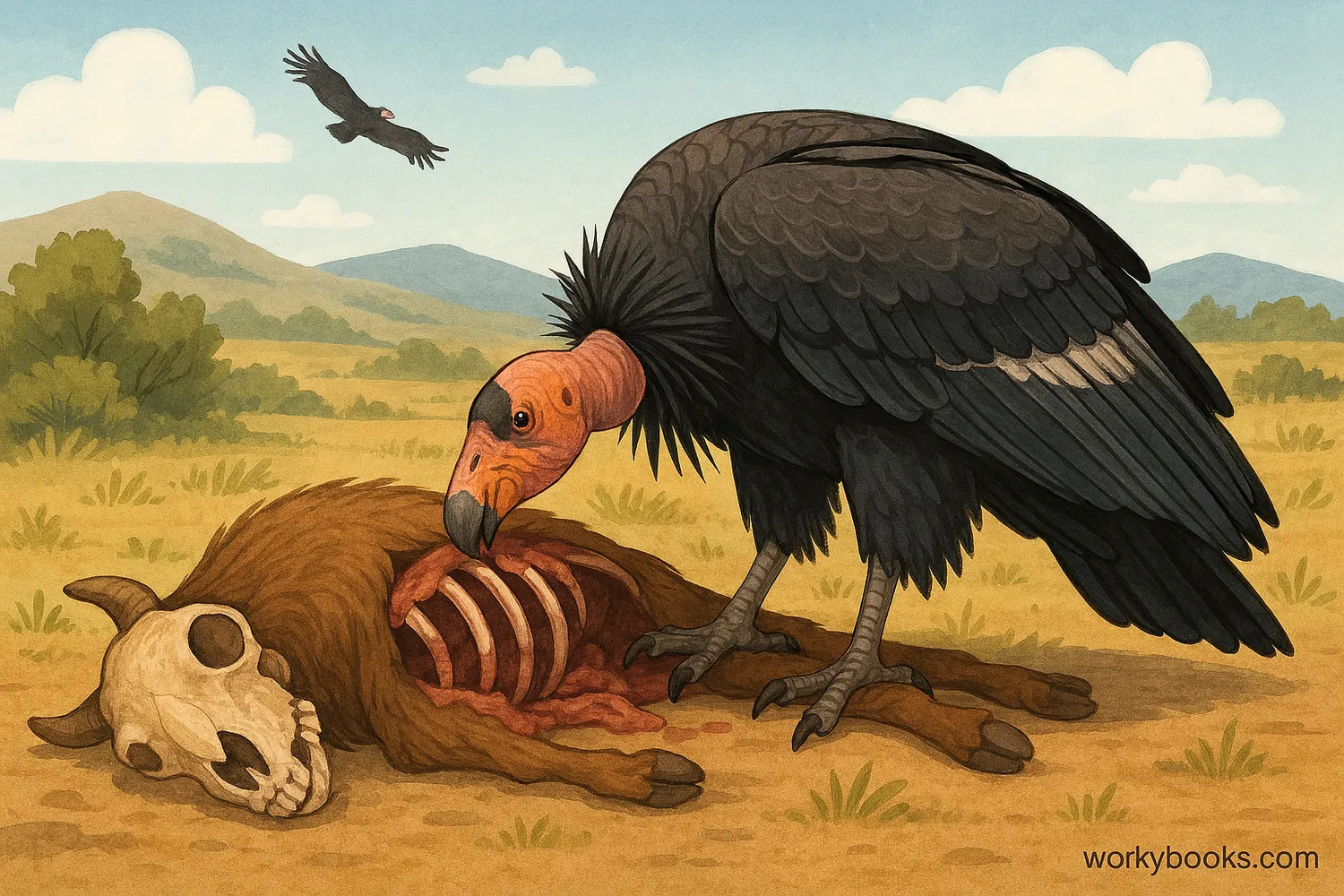 California Condor scavenges carcass, aiding nutrient recycling in a balanced wild ecosystem.