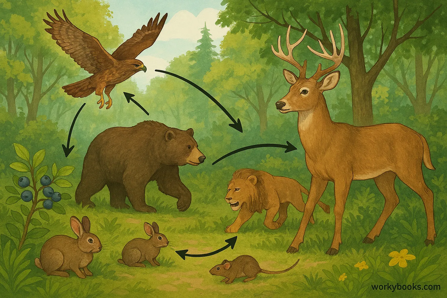 Forest food web showing predator-prey relationships and energy flow between animals.