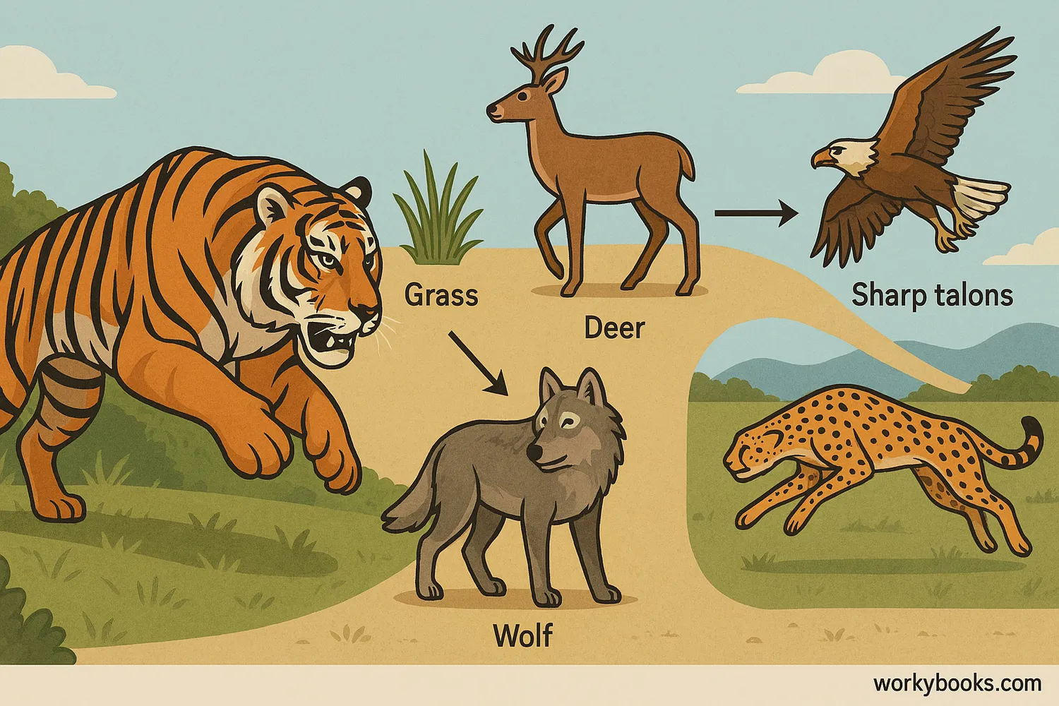 - Tiger, cheetah, eagle, and food chain showing energy flow in nature. - Caption: Carnivores use adaptations to hunt, gain energy, and maintain balance in ecosystems.