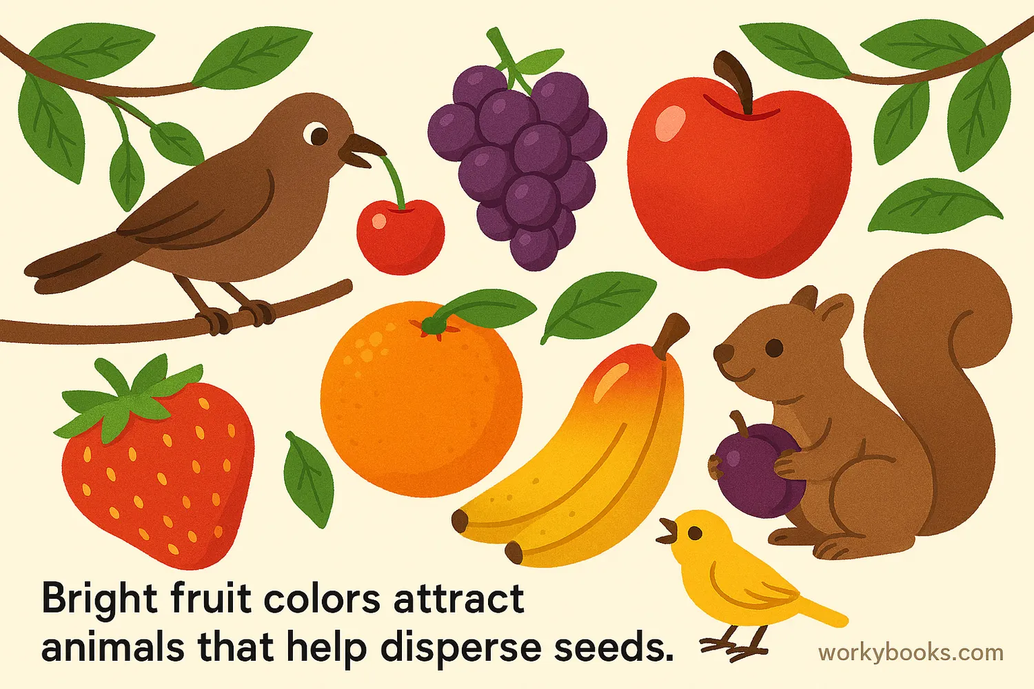 Animals eat colorful fruits and disperse seeds, helping plants grow in new places.