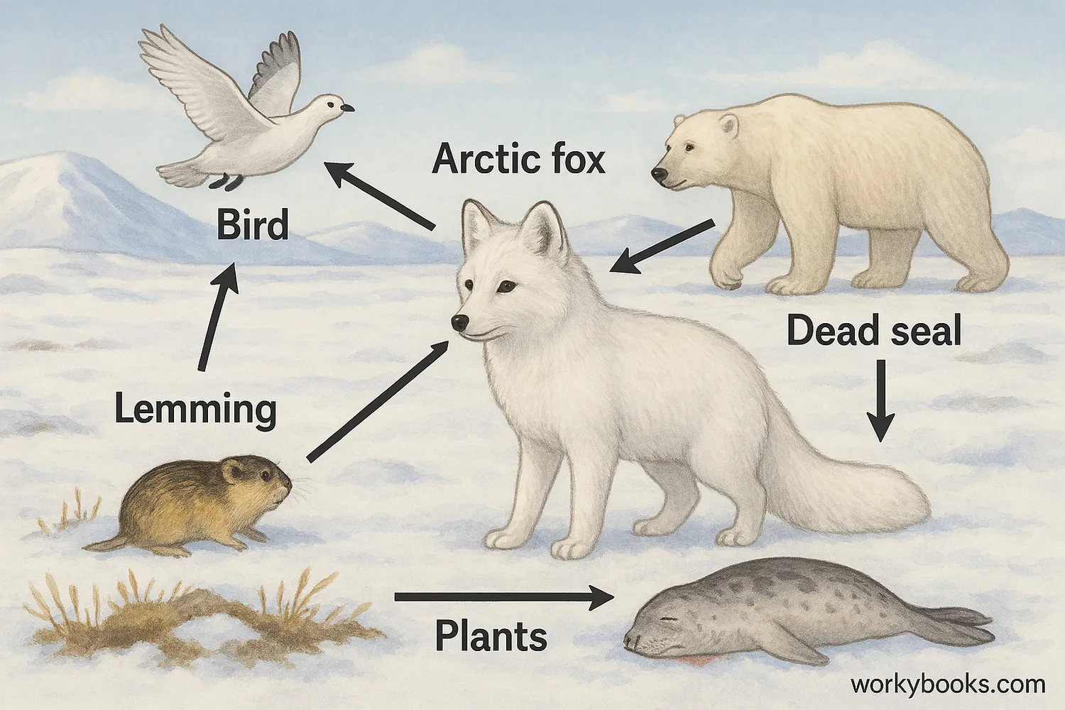Arctic fox hunts and scavenges in snowy tundra, showing energy flow through the ecosystem.