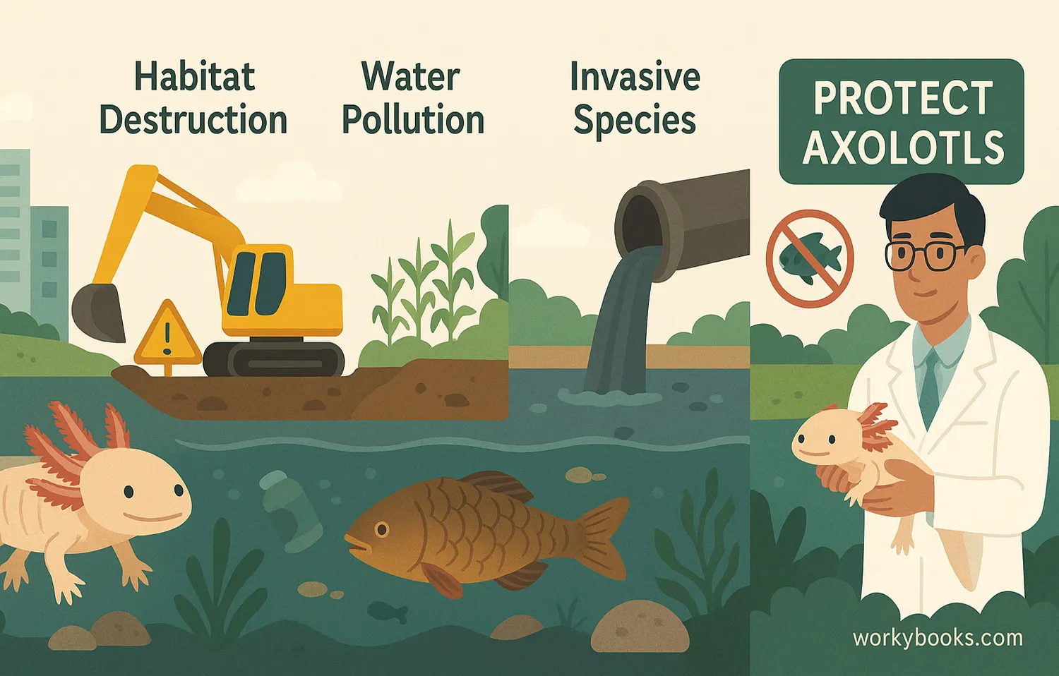 Axolotl in canal with threats and conservation efforts shown across a wide educational scene.