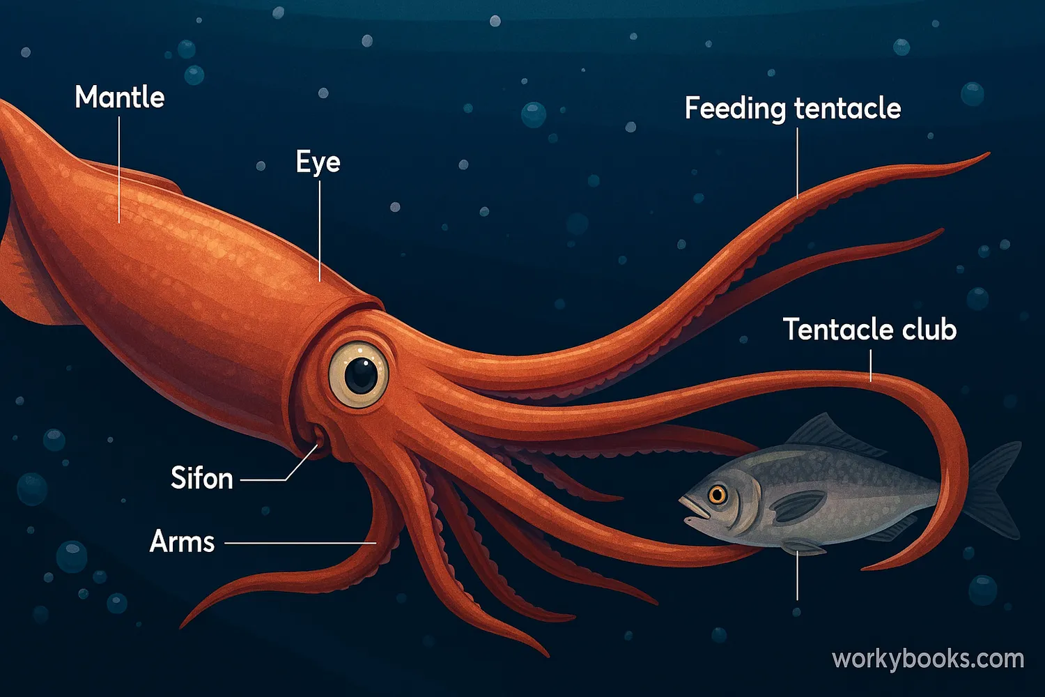 Giant squid showing mantle, siphon, arms, tentacles, beak, and eyes in deep-sea habitat.