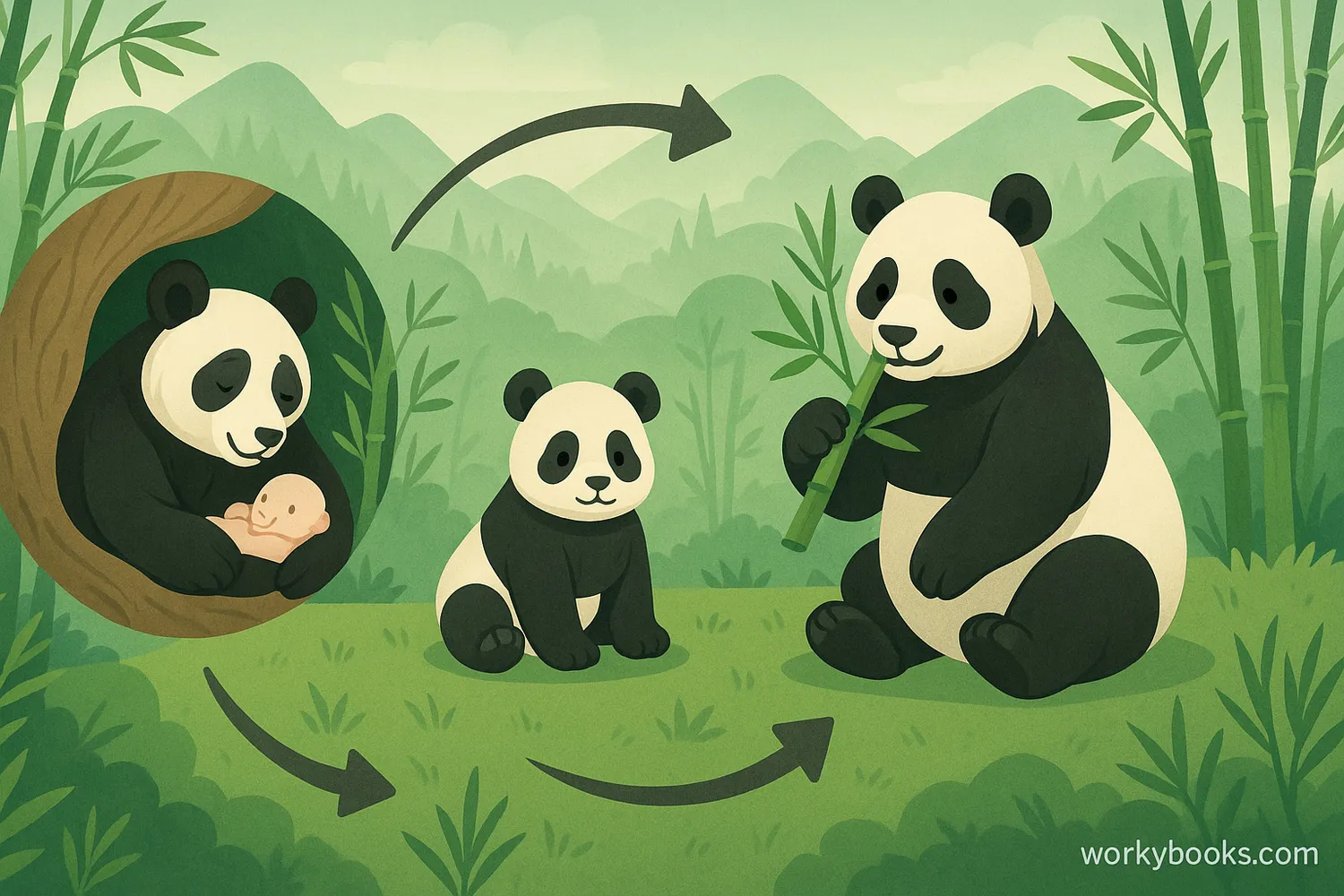 Giant panda life cycle from birth to adulthood in a misty bamboo forest.