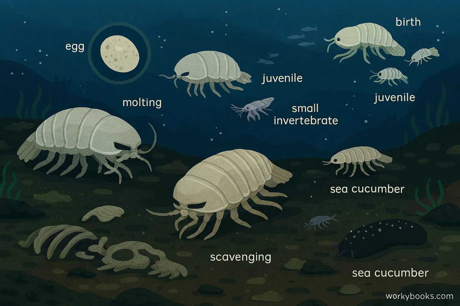 Giant isopods scavenging on the seabed with life cycle stages and deep-sea creatures.