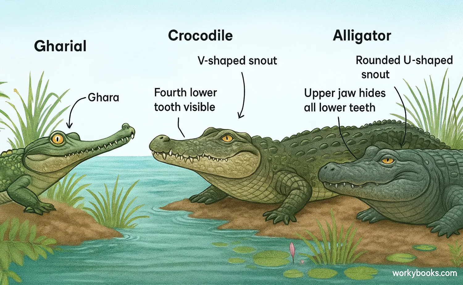 Gharial, crocodile, and alligator shown in natural habitats with labeled snout and tooth features.