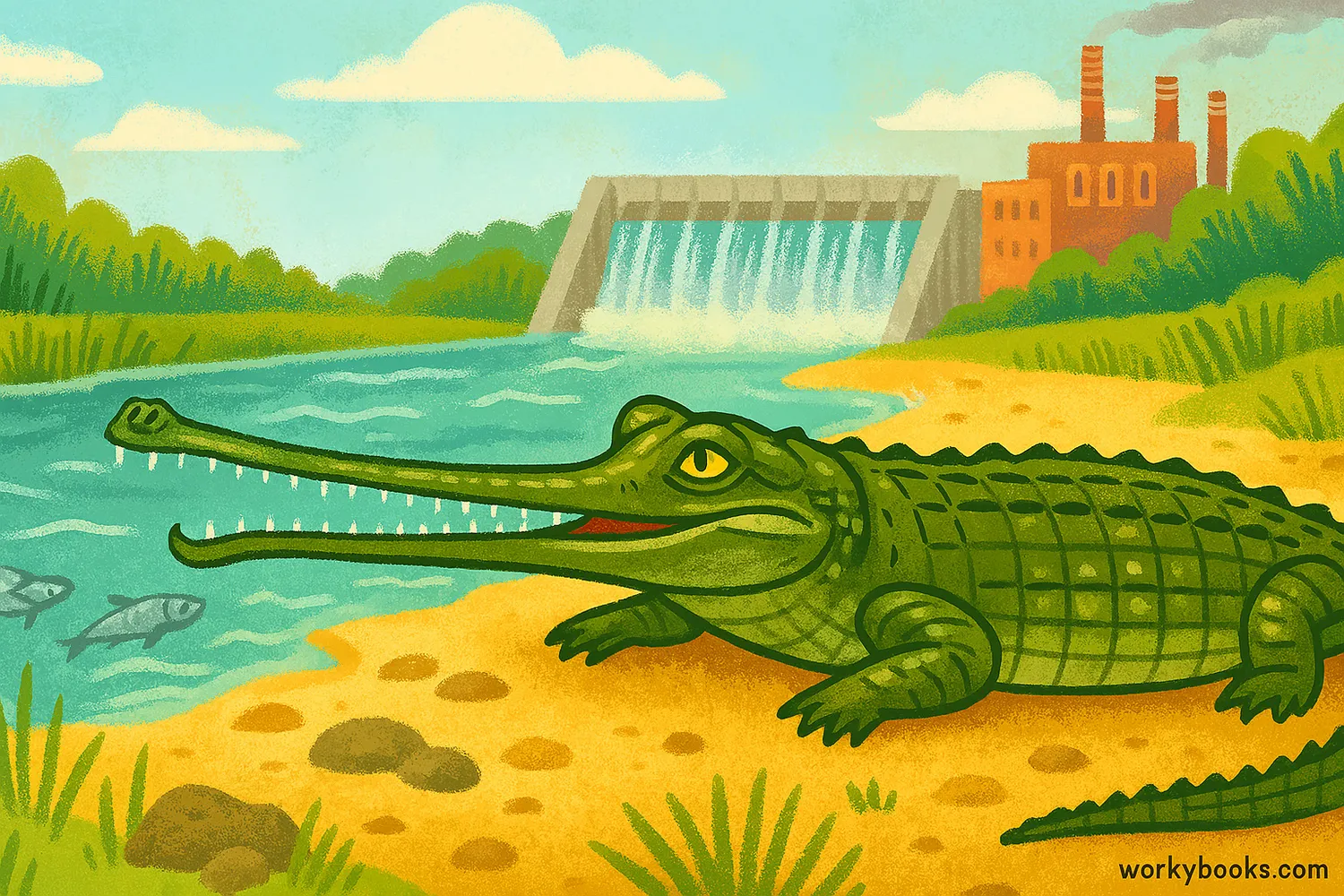 Gharial basking on riverbank with fish, dam, pollution, and lush biodiversity in background.
