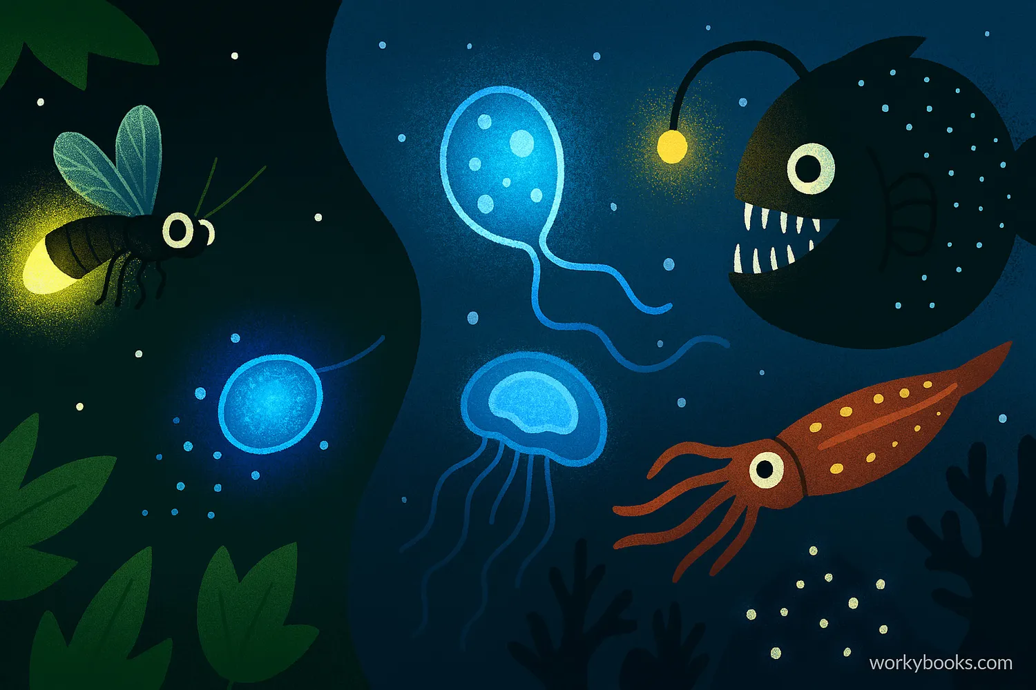Bioluminescent firefly, anglerfish, jellyfish, squid, and plankton glowing in forest and ocean scenes.