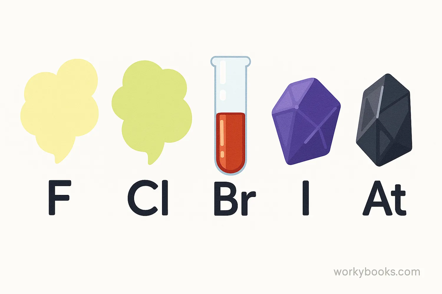 Illustration showing the five halogen elements with their symbols and common forms