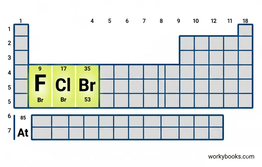 Periodic table with Group 17 elements highlighted in bright color