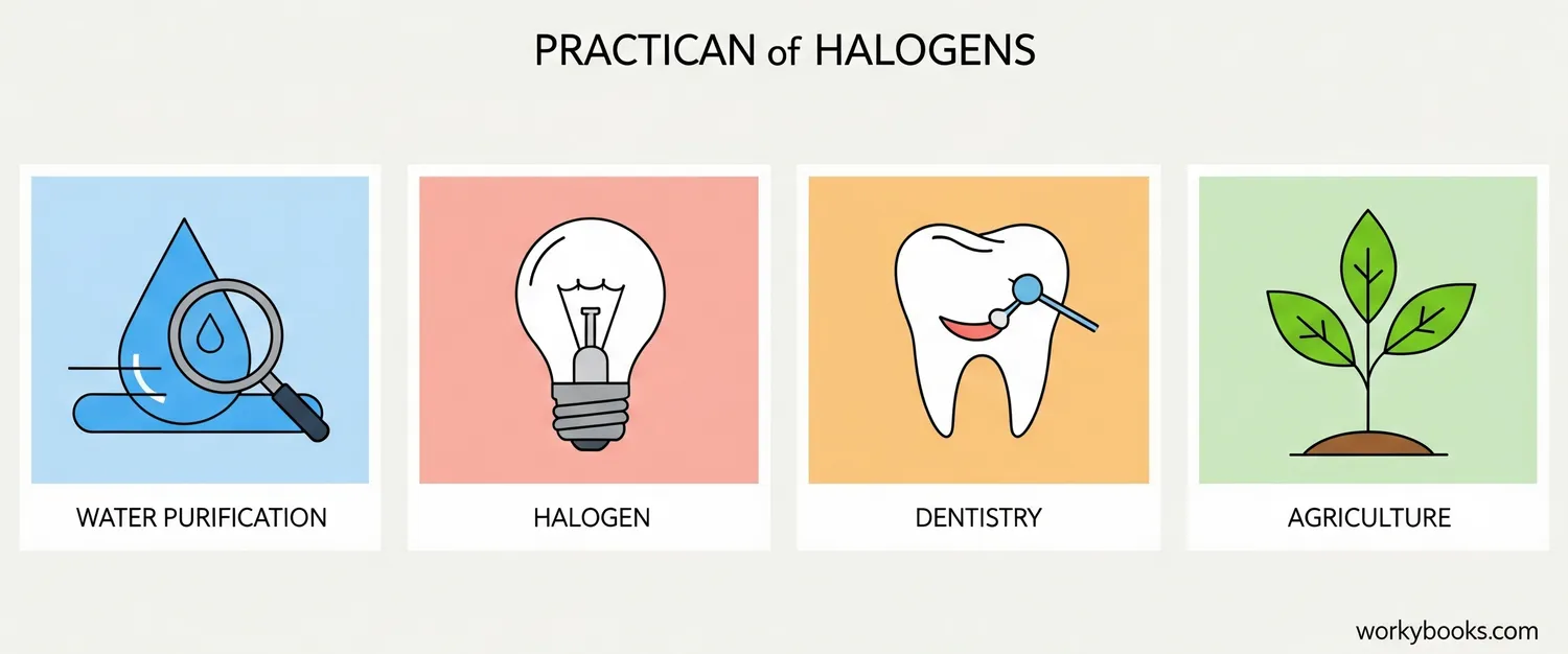 Various applications of halogens in medicine, water treatment, and technology