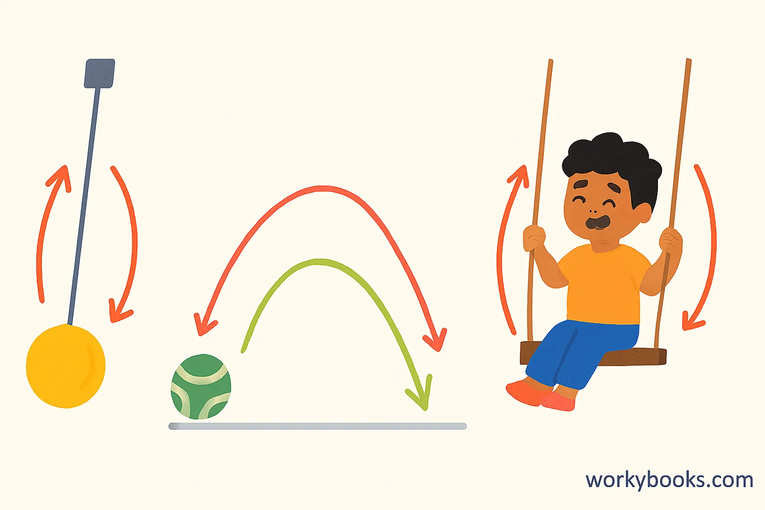 Illustration showing a pendulum swinging, a ball bouncing, and a child on a swing to demonstrate repeating motion patterns