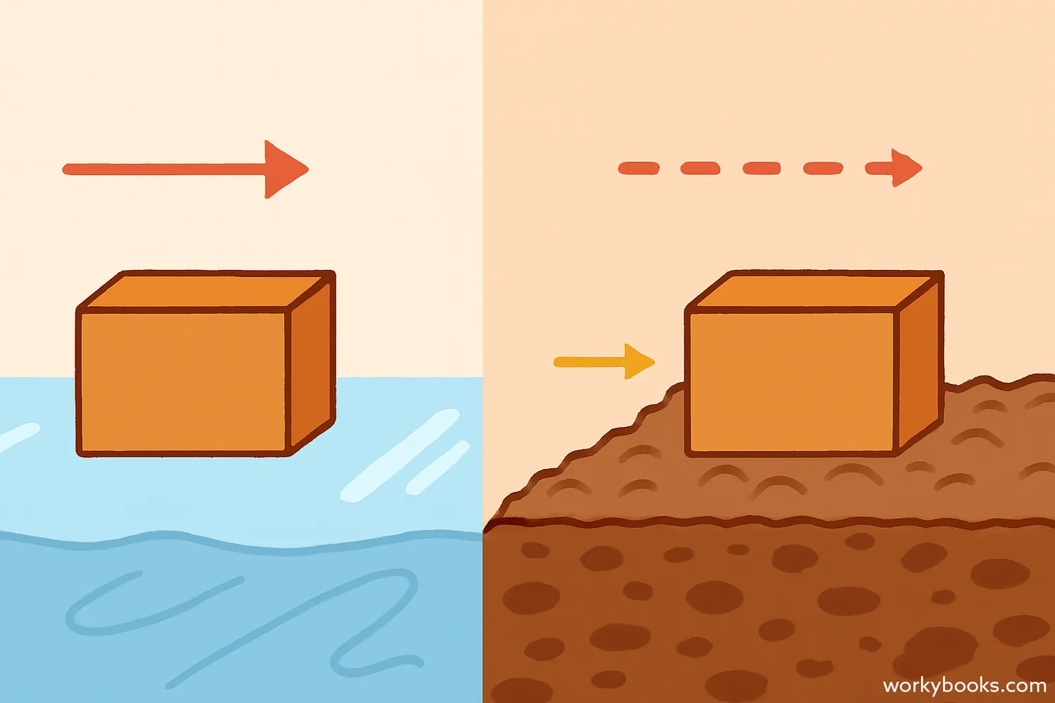 Illustration comparing motion on smooth ice versus rough pavement, showing how friction slows objects down