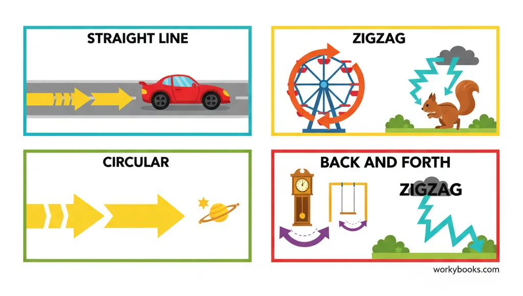Diagram showing straight line motion, circular motion, back and forth motion, and zigzag motion with arrows indicating direction
