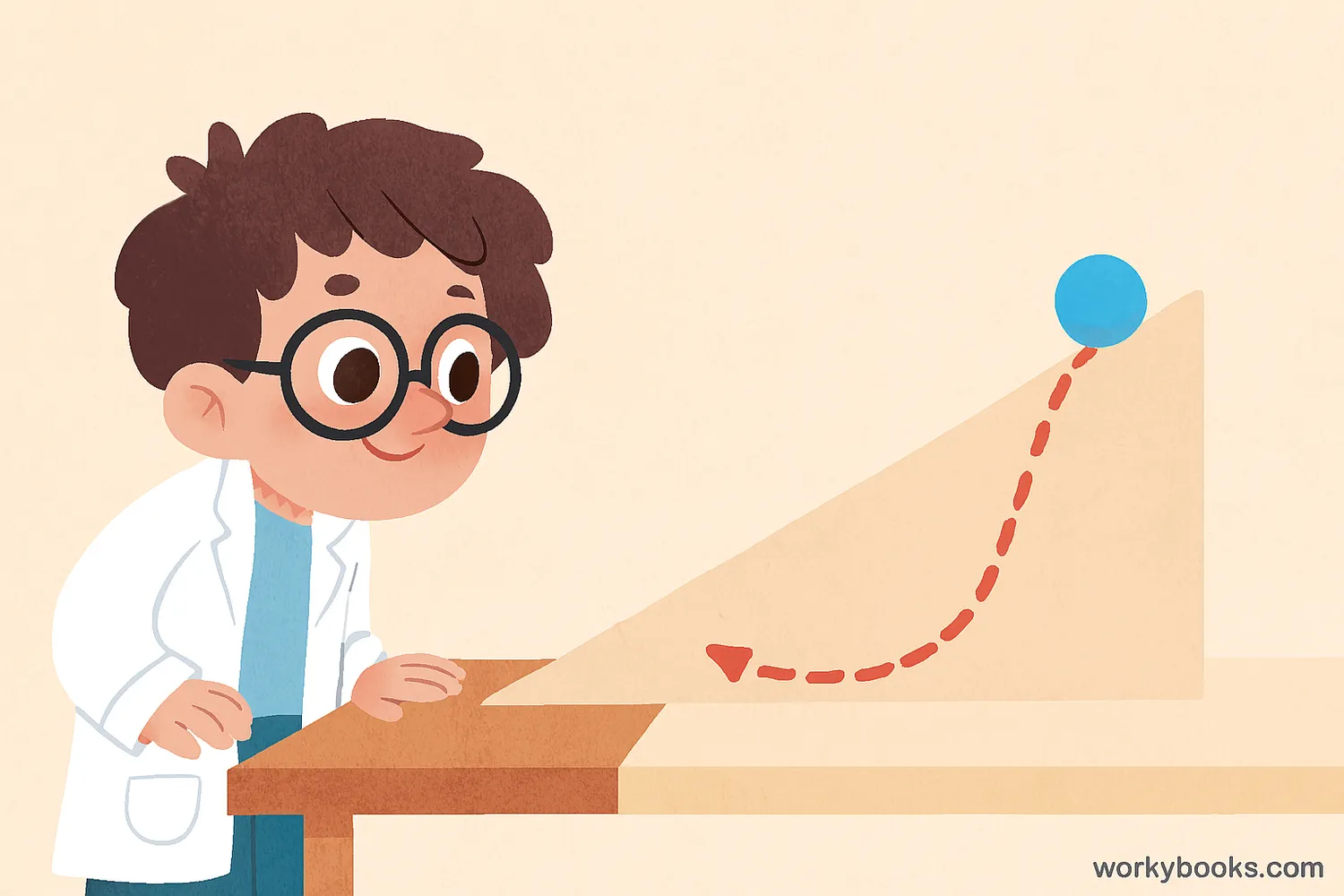 Illustration showing a scientist predicting the path of a rolling ball based on the slope and surface, with arrows showing the predicted path