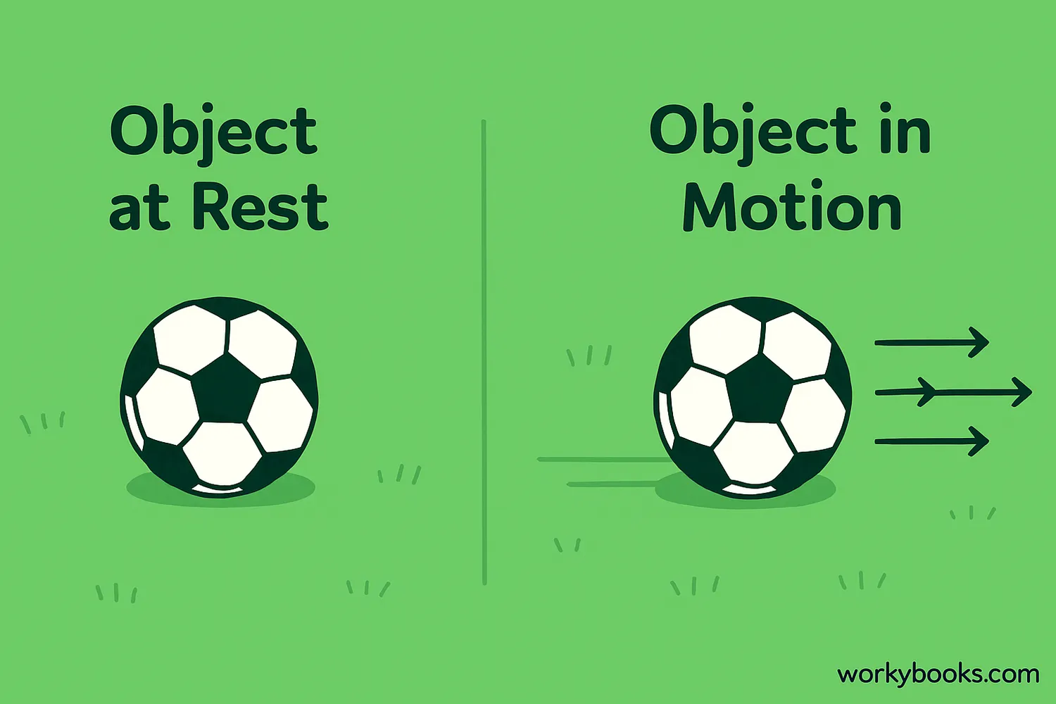 Illustration showing a soccer ball stationary on grass, and another soccer ball moving in a straight line at constant speed with arrows showing equal forces