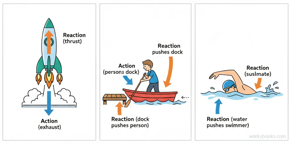 Illustration showing a rocket pushing exhaust down while moving up, a person jumping off a boat causing the boat to move backward, and a swimmer pushing water backward to move forward
