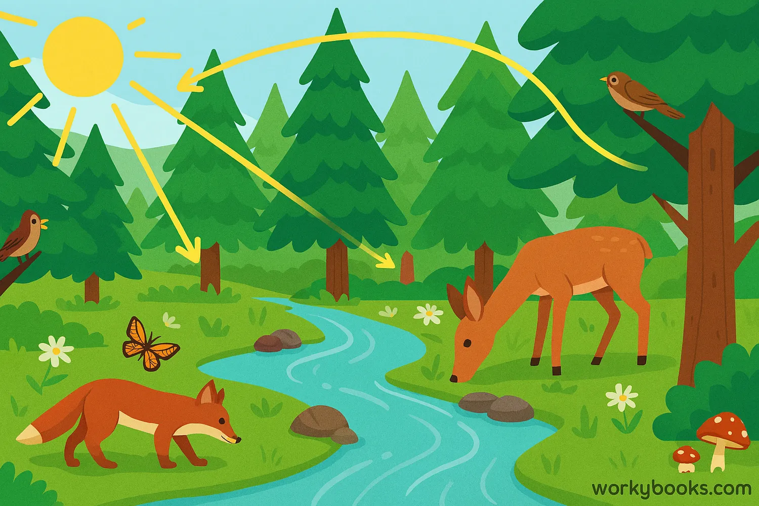 Illustration of a balanced forest ecosystem showing trees, animals, insects, birds, and water sources all interconnected with arrows showing energy flow