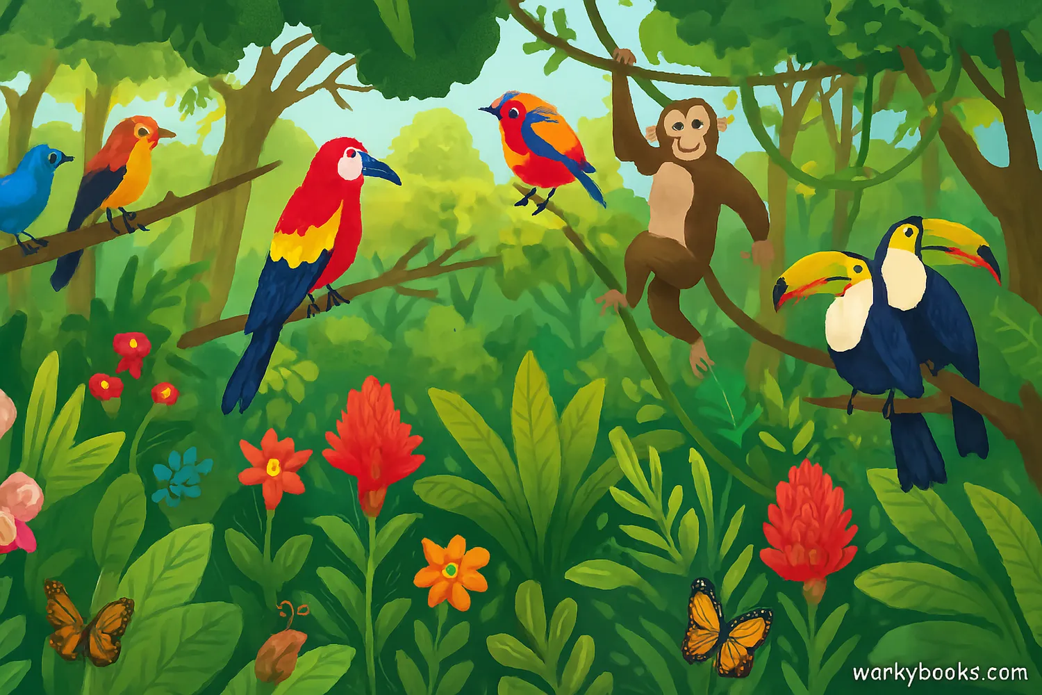 Illustration showing biodiversity in a rainforest with many different plant and animal species including birds, insects, mammals, and various trees and plants