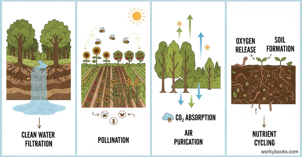 Illustration showing various ecosystem services: clean water from forests, pollination by bees, air purification by trees, and soil formation by worms and microbes