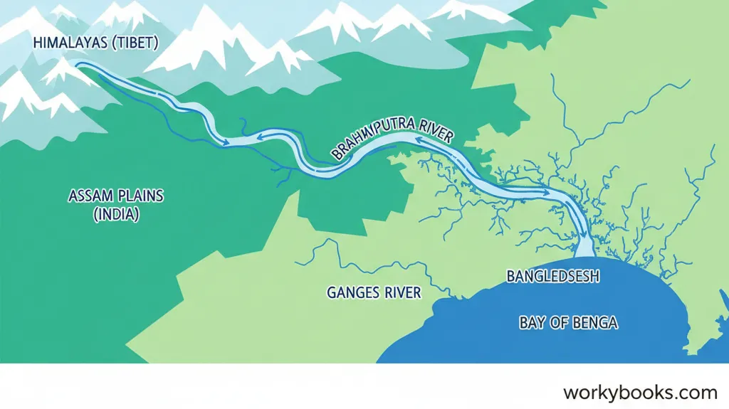 A satellite view or a map showing the Brahmaputra River's path from the Himalayas through Tibet, Assam, and Bangladesh, joining the Ganges to form a large delta.