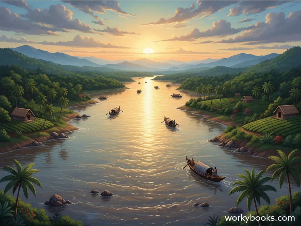 An illustration of a wide, flowing Brahmaputra River in Assam with lush green hills on the banks and small boats, showing its width and calm appearance in this region.