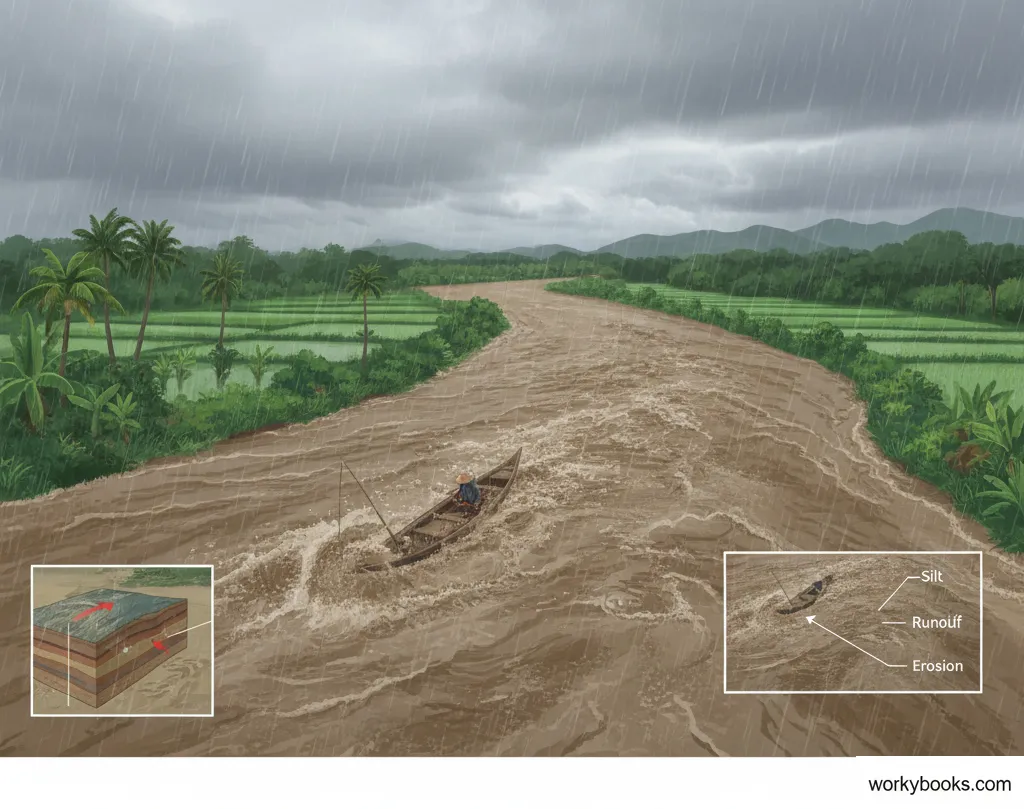 An image showing the Brahmaputra River carrying a heavy load of silt, looking brown and muddy, especially during the monsoon season.