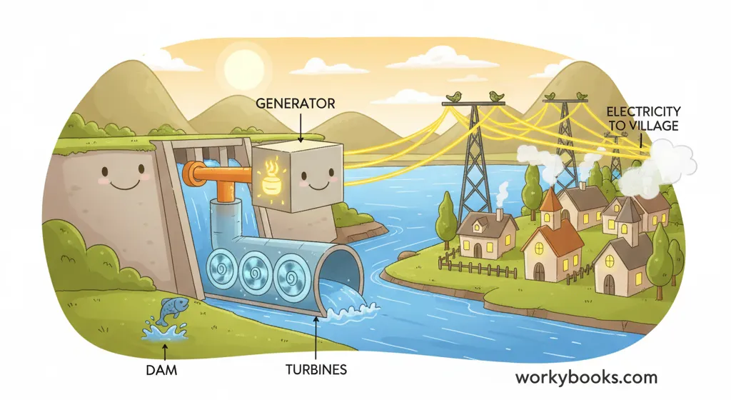 An illustration of a powerful hydroelectric dam on a river, with water turbines generating electricity.