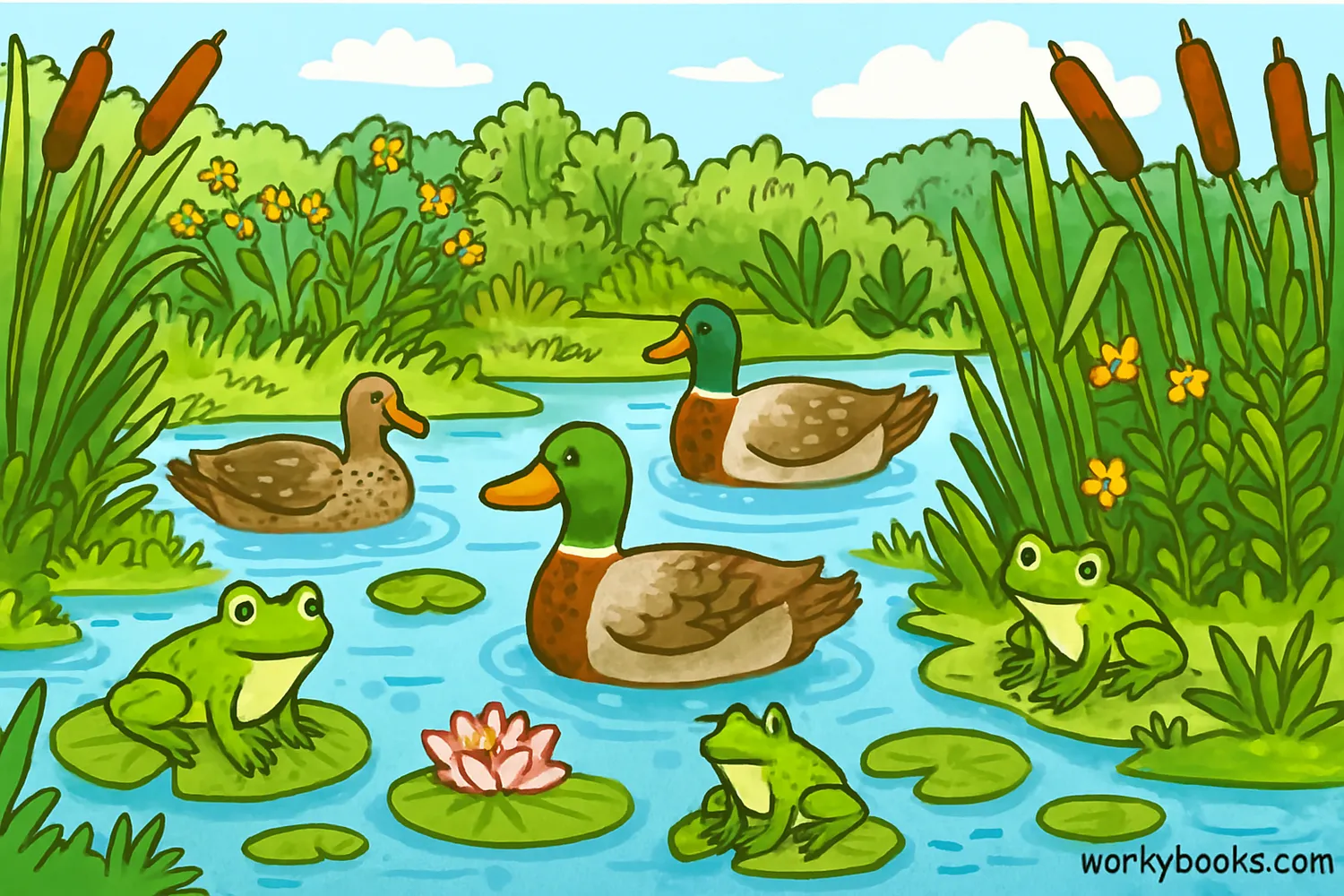 A vibrant, healthy wetland ecosystem showing a mix of water, land, and lush plant life like cattails and water lilies. Small animals like ducks and frogs are visible, and the overall scene feels full of life.