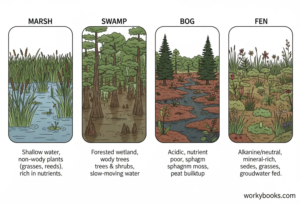 A visual diagram showing the four main types of wetlands: Marsh, Swamp, Bog, and Fen. Each section has a simple illustration of its characteristic plants (e.g., grasses for a marsh, trees for a swamp) and a short description. The overall layout is clean and easy to compare.