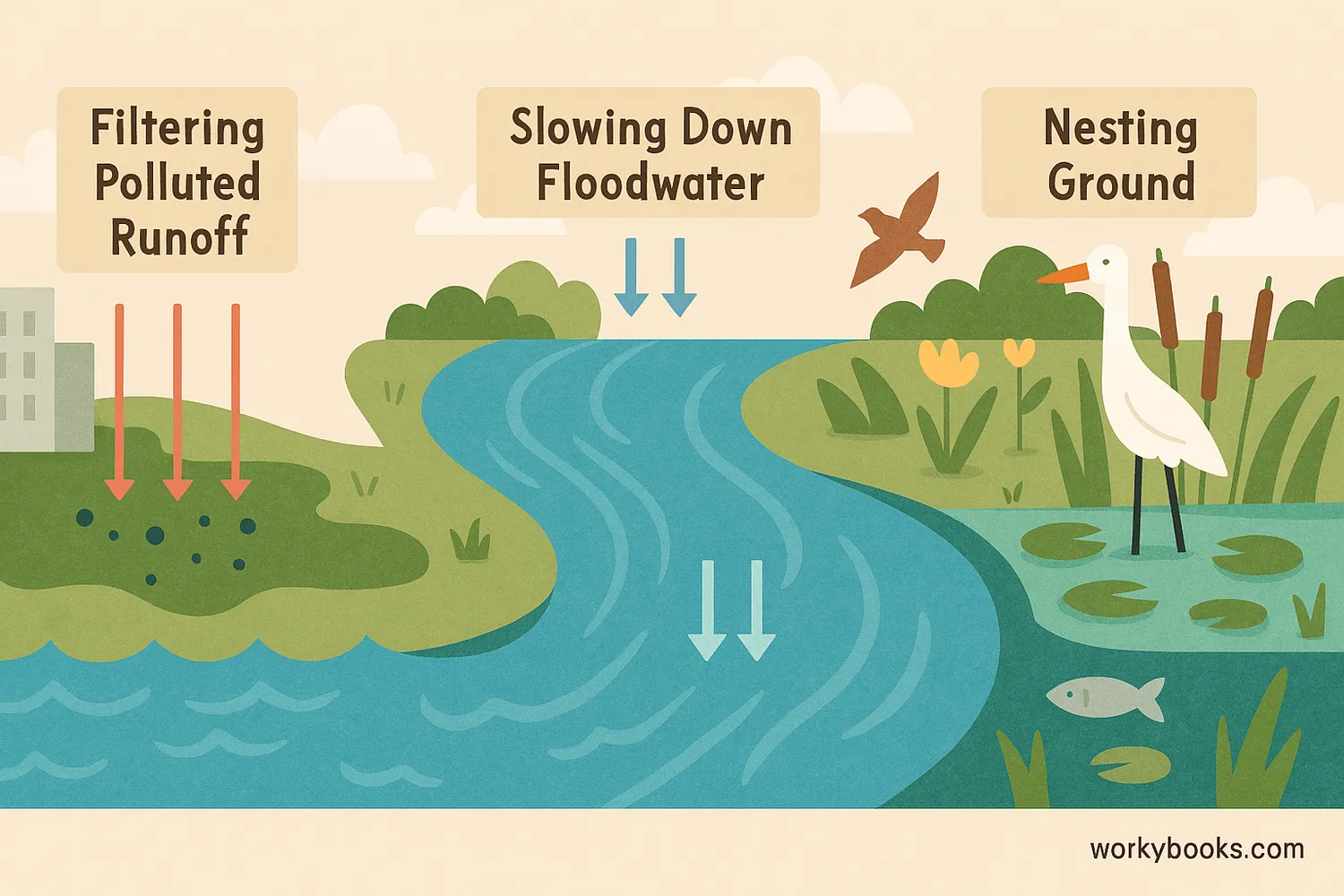 An illustration demonstrating the key functions of wetlands. Show a top-down view of a wetland filtering polluted runoff from a city, slowing down floodwaters from a river, and providing a nesting ground for birds and fish. Use icons or simple diagrams to show the process.