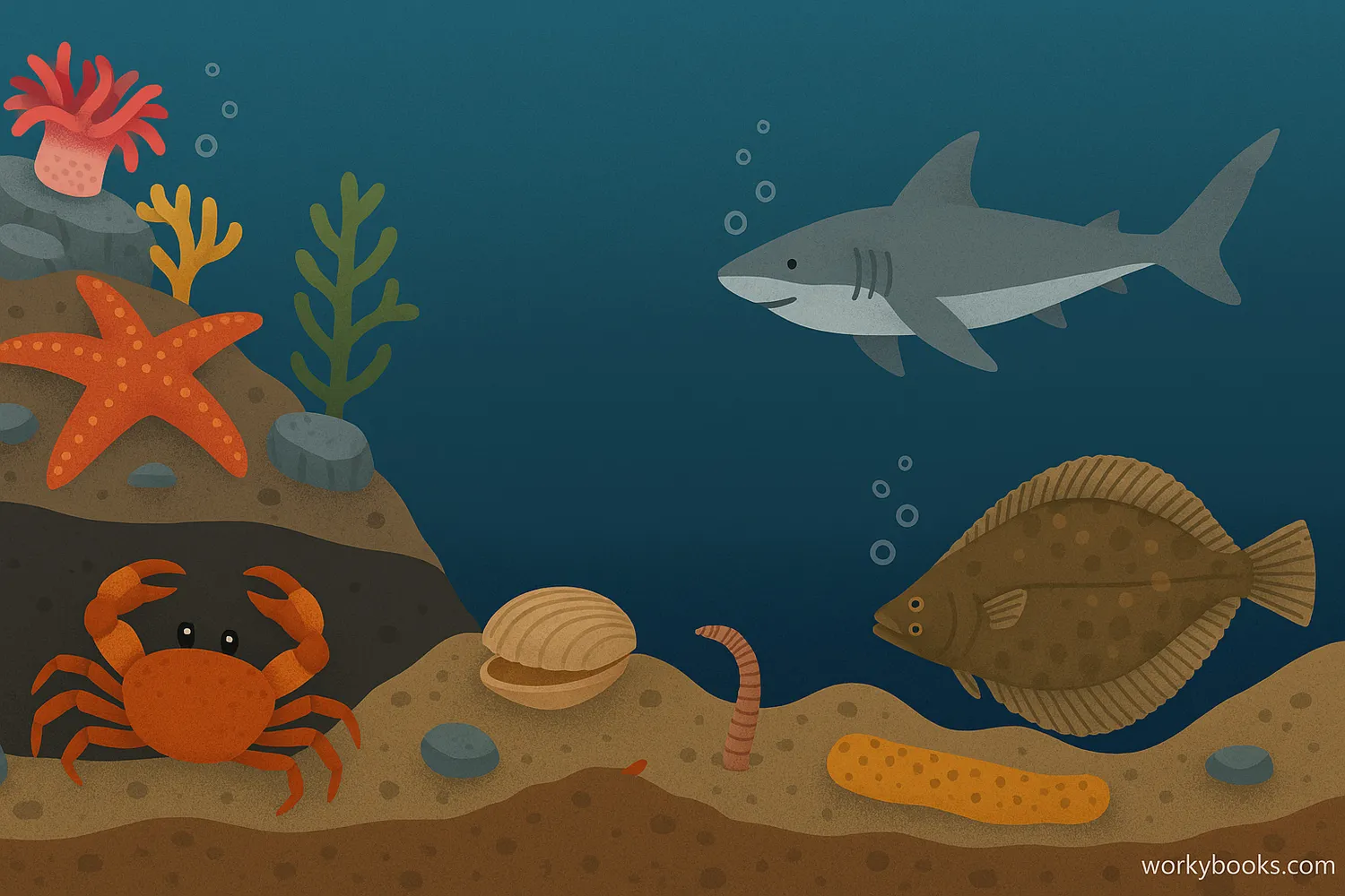 Benthic zone with epifauna, infauna, nekton, and varied seafloor types in deep ocean. 📝 Image Caption: Life in the benthic zone: surface dwellers, burrowers, swimmers, and abiotic conditions.