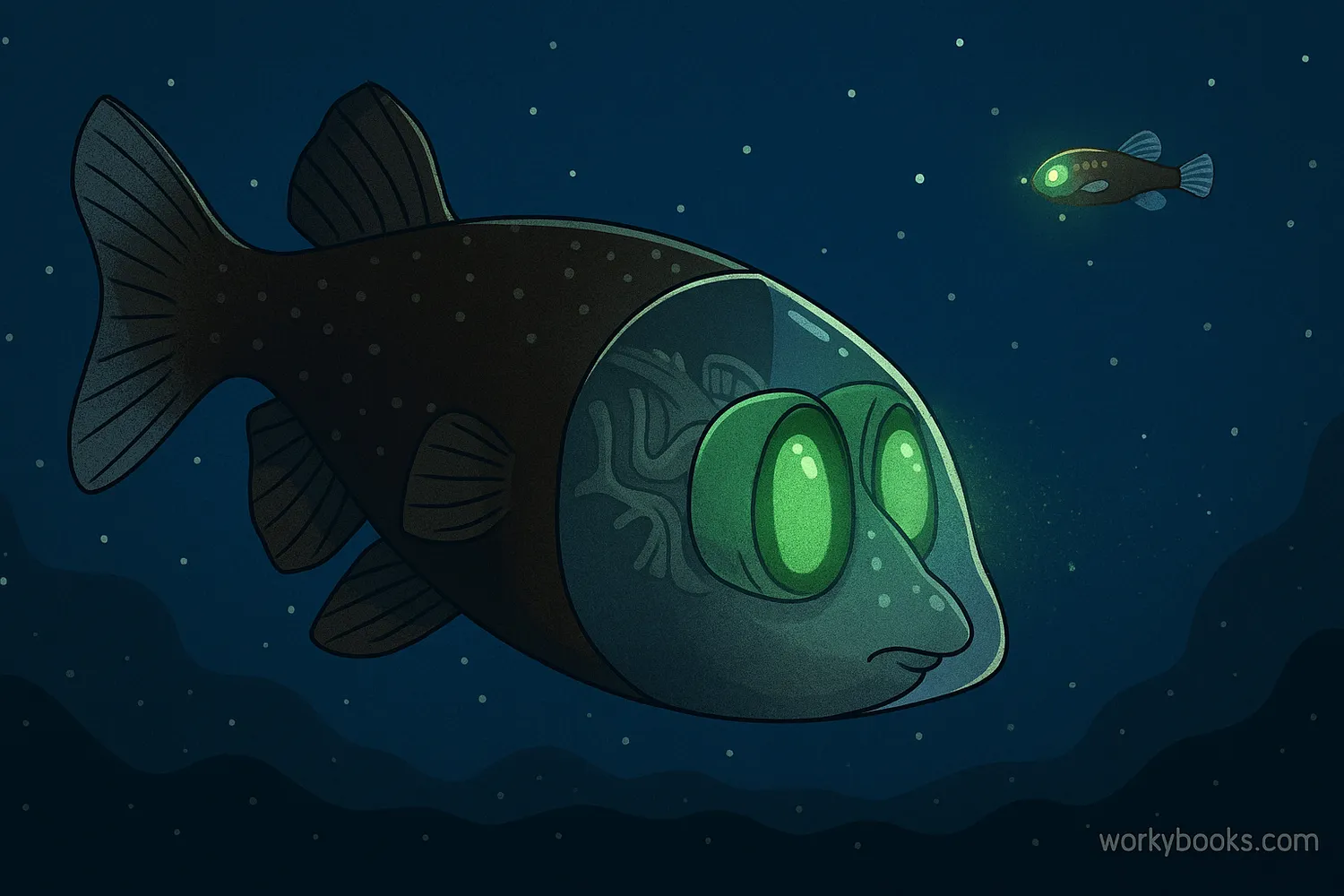 Barreleye fish with glowing eyes under a transparent dome in the deep sea. 📝 Image caption: Barreleye fish uses rotating tubular eyes to spot bioluminescent prey in deep ocean darkness.