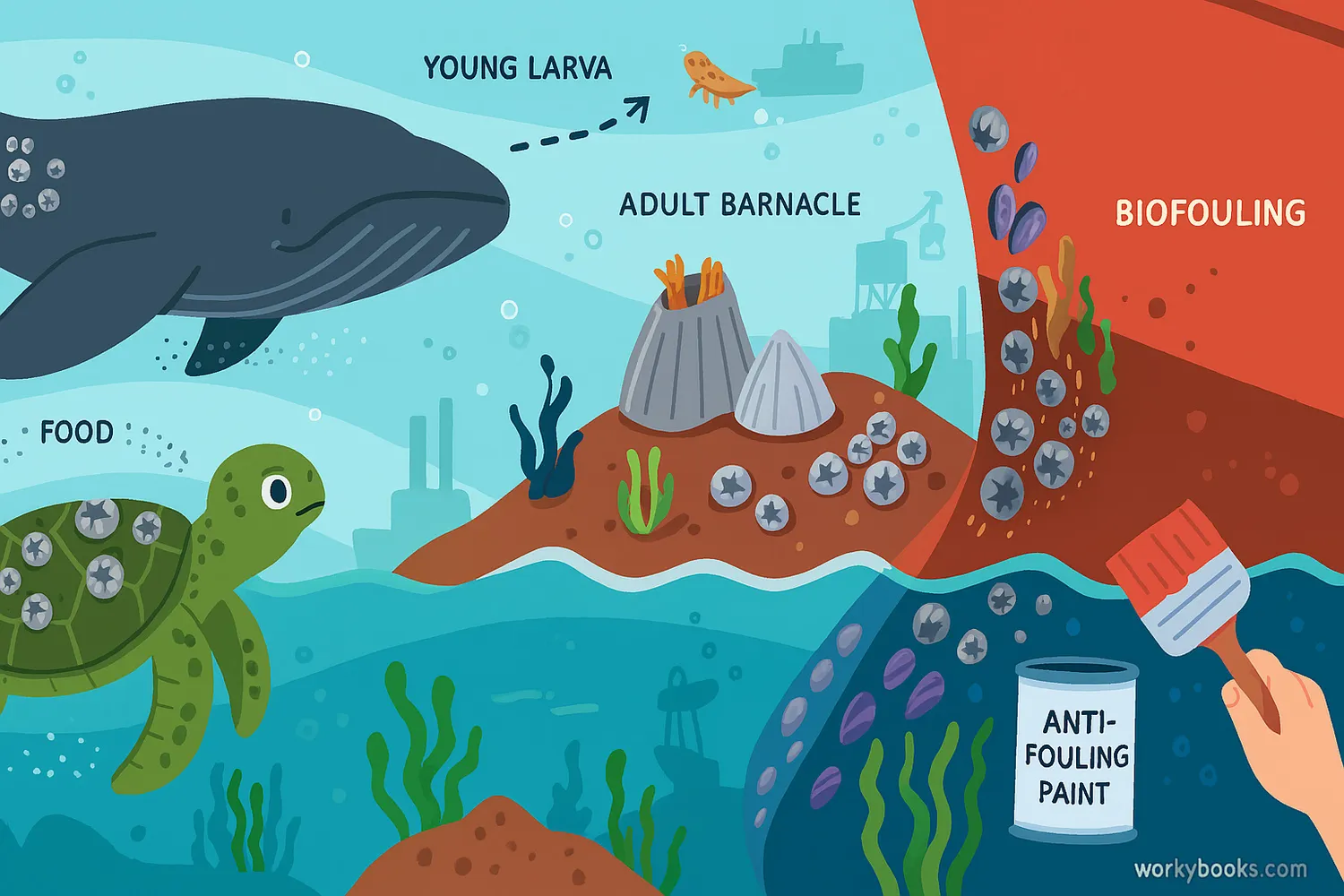 Barnacles attach to ships, rocks, and animals, causing biofouling and increased drag.