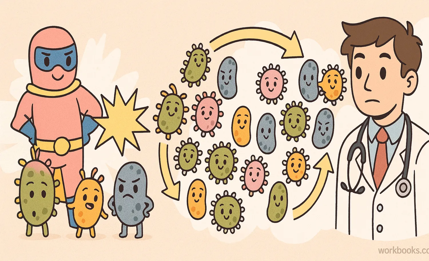 Cartoon bacteria evolve resistance as antibiotics lose effectiveness over time. 📝 Image caption: Bacteria mutate and multiply, making antibiotics less effective through natural selection.