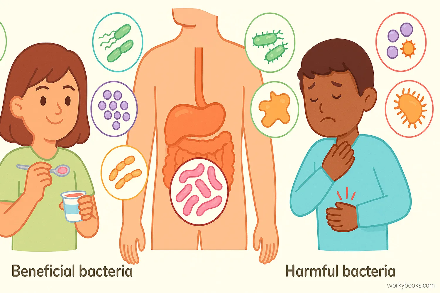 Colorful scene showing helpful and harmful bacteria inside the body and in nature.