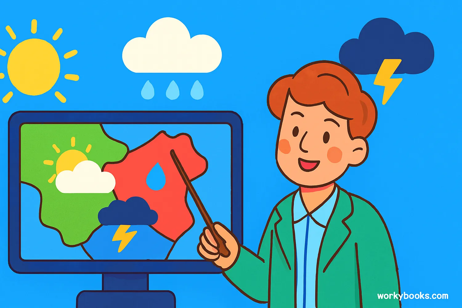 A colorful illustration showing a meteorologist pointing at a weather map with various symbols, while different weather conditions appear in the background including sun, clouds, rain, and lightning.