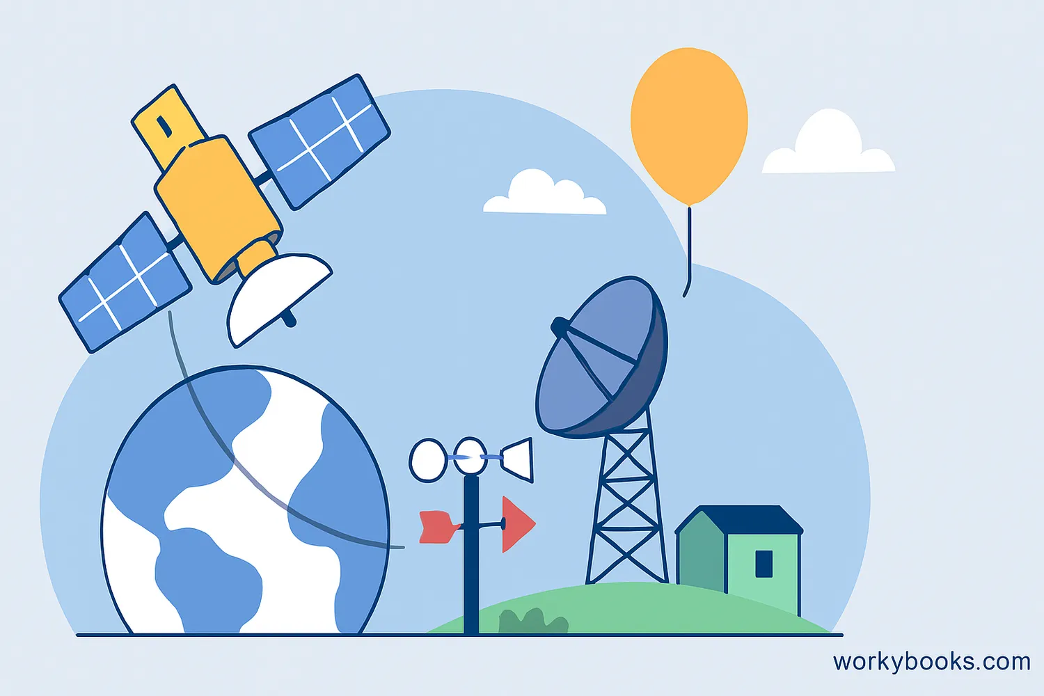 A collage of weather forecasting tools including a weather satellite orbiting Earth, a Doppler radar station, weather balloons being launched, and ground-based weather stations with various instruments.