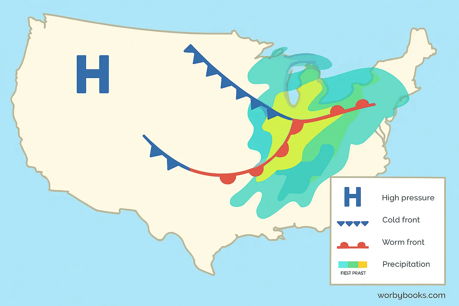 A detailed weather map of the United States showing high and low pressure systems, warm and cold fronts, precipitation areas, and temperature readings across different regions. Key symbols are explained in a legend.