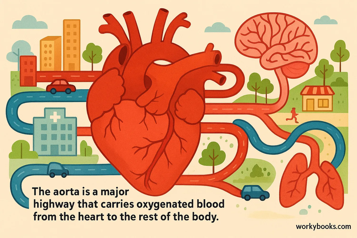 Heart pumps oxygen-rich blood through the aorta highway to organs; veins return deoxygenated blood.