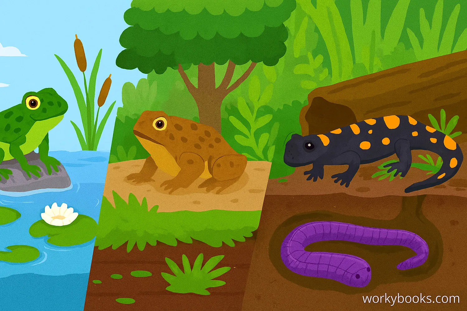 Frog, toad, salamander, and caecilian in full-width habitats: water, land, and underground.